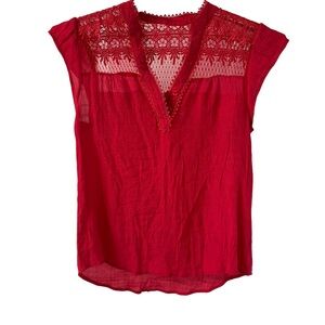 Sweet Wanderer Lace Topped V Neck Red Shirt Size M